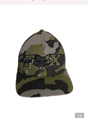 Fox Racing L/XLGreen Army Camo FlexFit Cap Hat Embroidered Spellout Logo Unisex